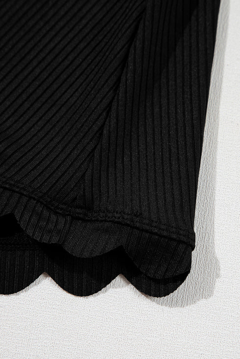 Ribbed Textured Scalloped Trim Swim Dress Swimwear