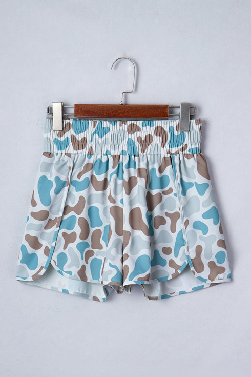 Camouflage Print Shirred High Waist Athleisure Casual Shorts