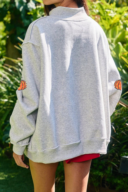 Sequin Star Pumpkin Graphic Exposed Seam Mock Neck Sweatshirt