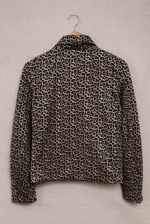 All Over Leopard Print Zipped Notch Collar Short Jacket