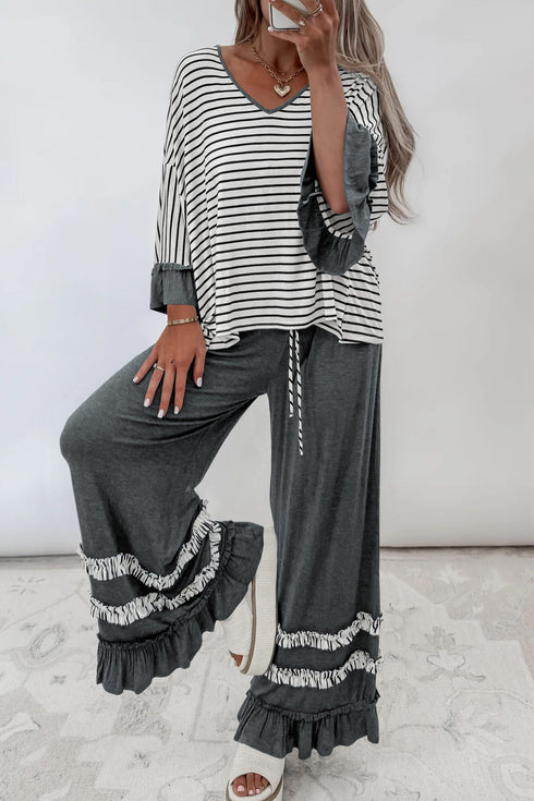 Striped V Neck Ruffle Sleeve Top Drawstring Two Piece Pant Set