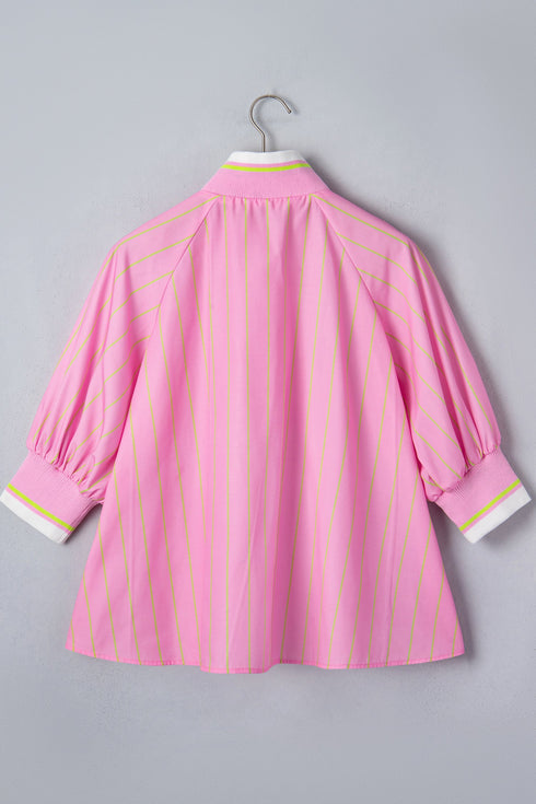 Striped Half Sleeve Zipper V Neck Ribbed Cuff Blouse
