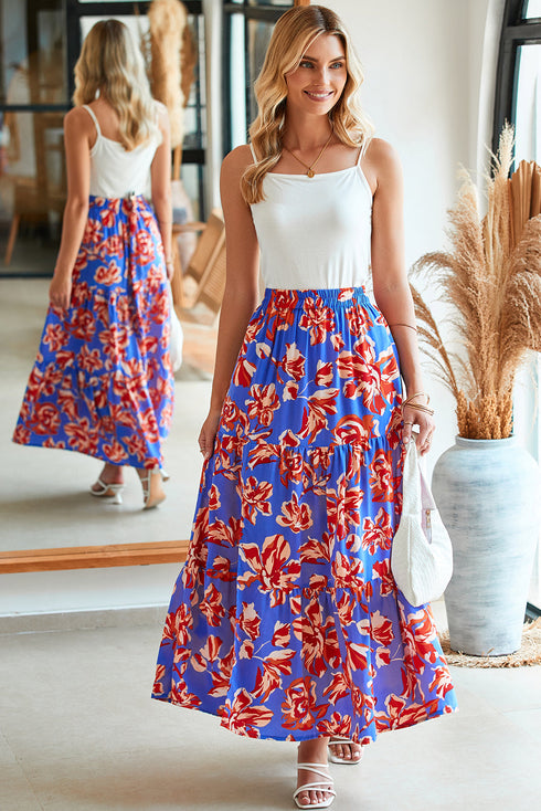 Bohemian Floral Print Tiered Split Maxi Skirt