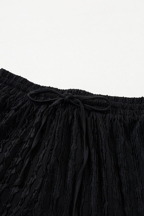 Solid Textured Frill Short Sleeve Drawstring Short Set