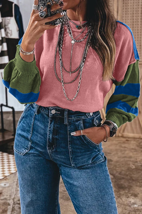 Western Patchwork Striped Long Sleeve Pullover Sweater
