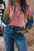 Western Patchwork Striped Long Sleeve Pullover Sweater