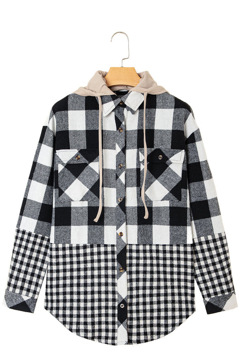 Patchwork Mixed Plaid Drawstring Hooded Shacket
