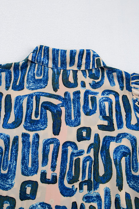 Abstract Print Bubble Sleeve Button up Mini Dress