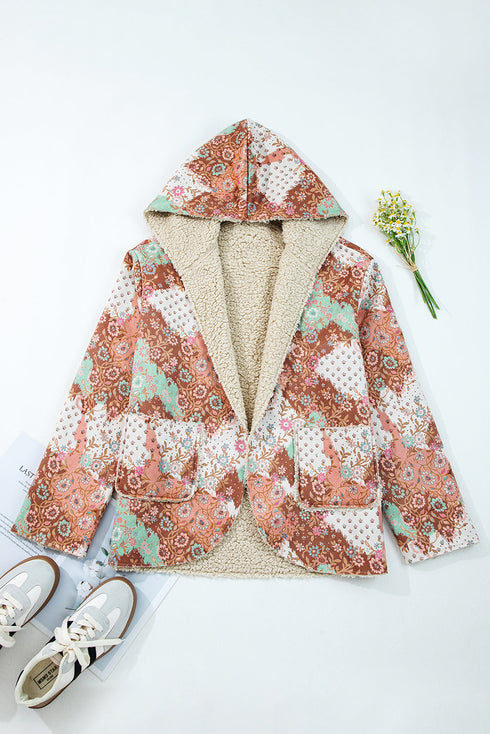 Bohemian Floral Print Sherpa Lined Fleece Hooded Jacket