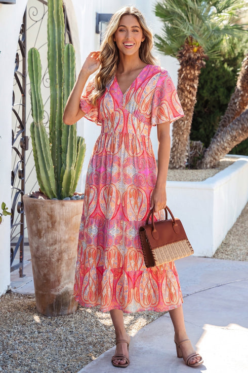 Paisley Print V Neck Short Sleeve Ruffle Bohemian Dress