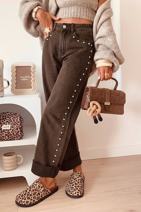 Studded Bead Detail Straight Leg Loose Jeans