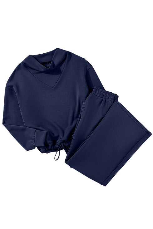 Cowl Neck Drawstring Pullover Wide Leg Athleisure Pant Set