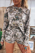 Abstract Camo Print Long Sleeve Elastic Waist Short Sets