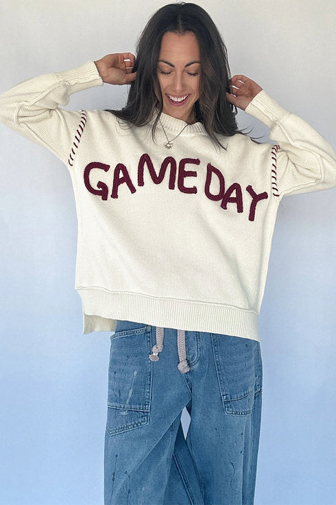 Embroidery Drop Shoulder Letter Print Pullover Sweater