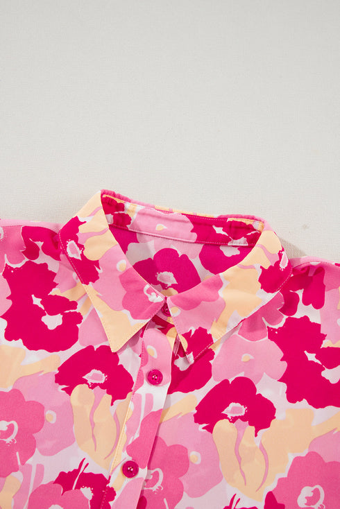 Abstract Floral Balloon Sleeve Button Down Shirt