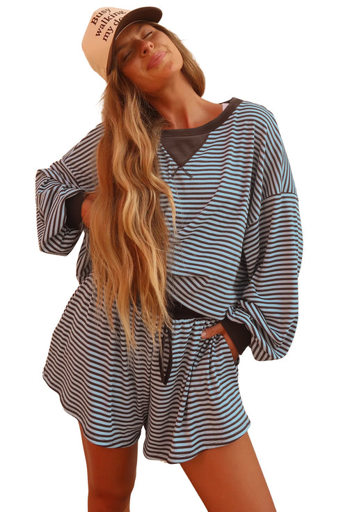 Striped Oversized Long Sleeve Top Drawstring Loose Shorts Two Piece Short Set