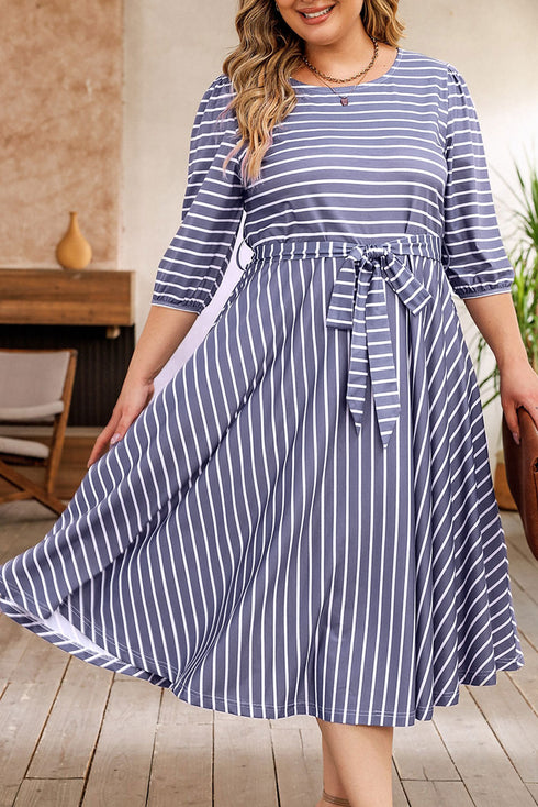 Striped Tie Waist Three Quarter Sleeve Plus Size Dress