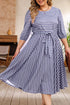 Striped Tie Waist Three Quarter Sleeve Plus Size Dress