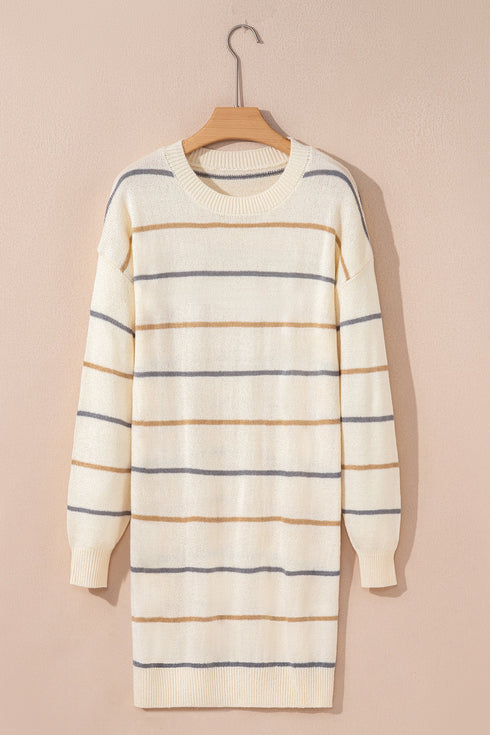 Relaxed Striped Crew Neck Long Sleeve Sweater Dress