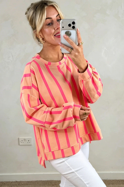 Stripe Print Dropped Shoulder Round Neck Sweatshirt