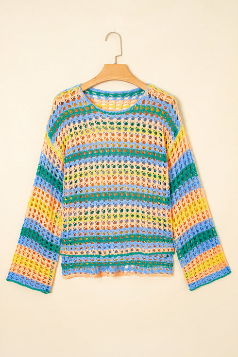 Long Sleeve Striped Open Knit Boho Crochet Top