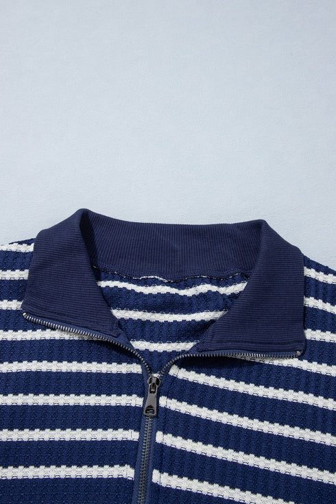 Preppy Textured Stripe Half Zip Collared Pullover Top