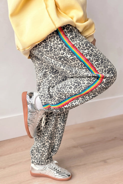 Leopard Print Rainbow Striped Buttoned Loose Jogger Jeans