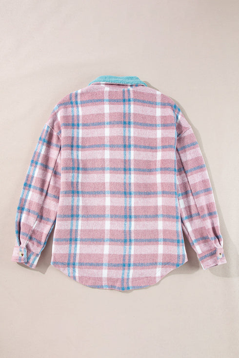 Color Block Collared Flap Pocket Relaxed Plaid Shacket