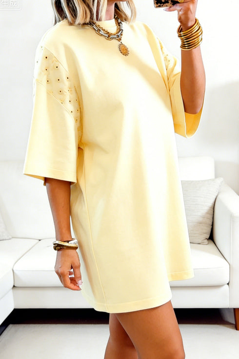 Solid Eyelet Embroidered Lace Spliced Sleeve T Shirt Dress