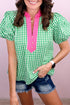 Gingham Plaid Bubble Sleeve Tailored Trim V Neck Blouse