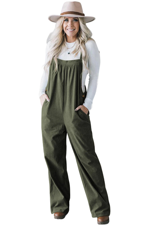 Pure Polyester Button Adjustable Straps Corduroy Jumpsuit