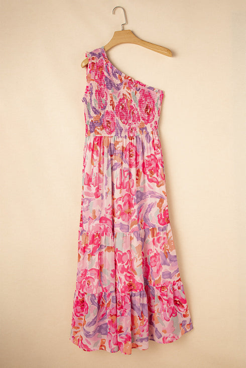 Abstract Floral Shirred One Shoulder Maxi Dress