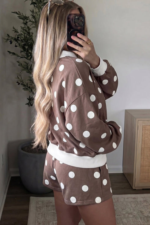 Polka Dot Ribbed Trim Long Sleeve Top Short Set