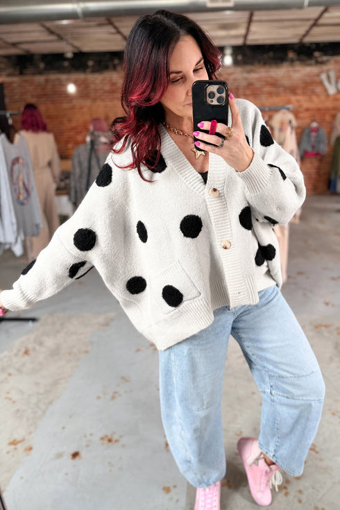 Polka Dot Button Front Oversized V Neck Cardigan