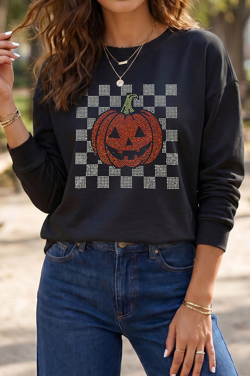 Rhinestone Pumpkin Sparkle Graphic Long Sleeve Tee