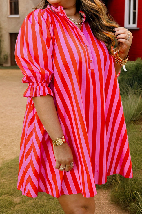 Striped Frilled Collar Button Neck Short Sleeve Mini Dress