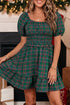 Plaid Shirred U Neck Short Sleeve Mini Dress