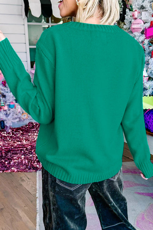 Merry Print Ribbed Trim Round Neck Loose Sweater