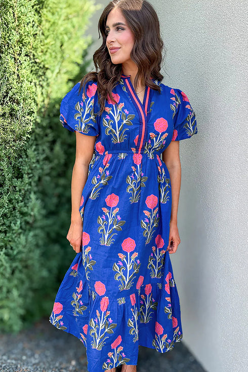 Floral Puff Short Sleeve V Neck High Waist Maxi Dress