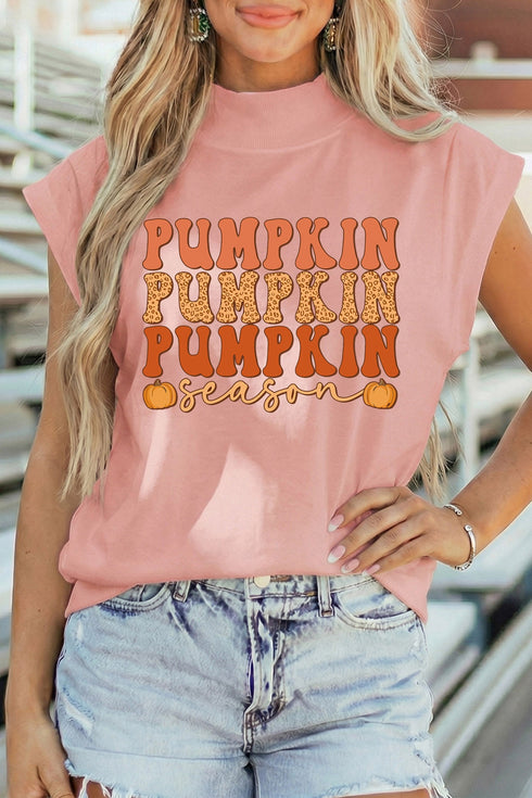 Pumpkin Print Graphic Mock Neck Statement Tee