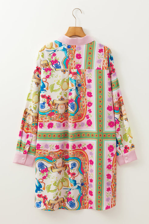 Boho Floral Print Buttoned Long Sleeve Shirt Dress