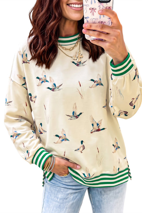 Duck Illustration Striped Cuff Round Neck Western Sweatshirt