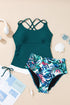 Ruched Side Tie Strap Leaf Print Tankini Set