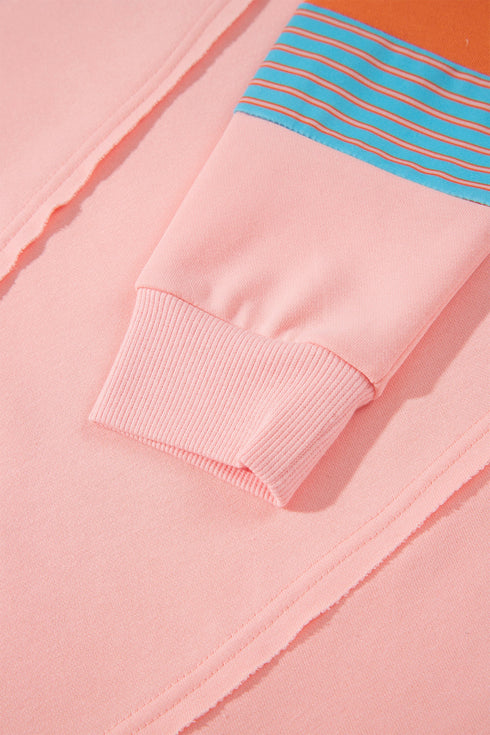 Raw Edge Striped Patchwork Panel Long Sleeve Top