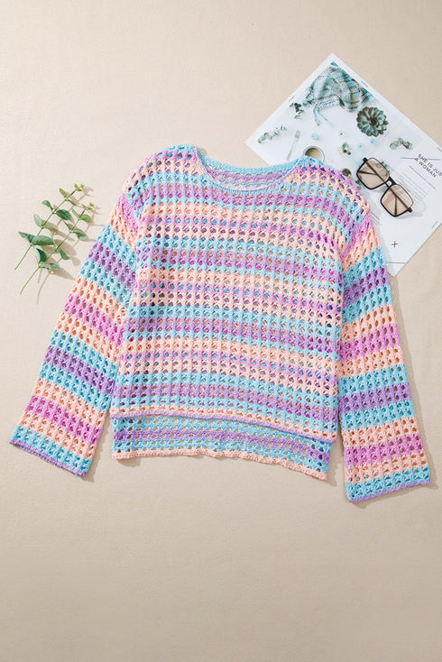 Long Sleeve Striped Open Knit Boho Crochet Top