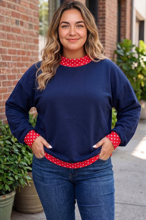 Polka Dot Patchwork Paneled Graphic Pullover Sweatshirt