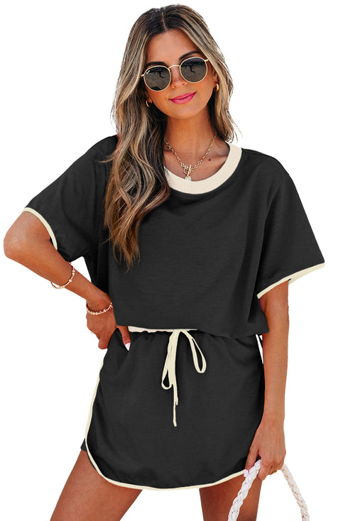 Contrast Trim Drop Shoulder Two Piece Skort Set