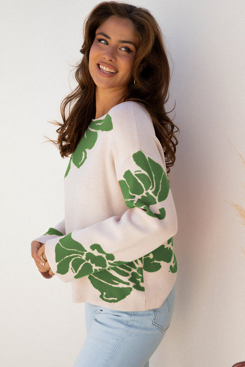Abstract Botanical Print Boat Neck Knit Pullover Sweater