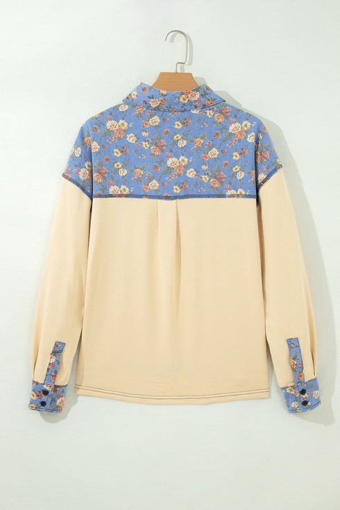 Romantic Floral Denim Collar Patchwork V Neck Top