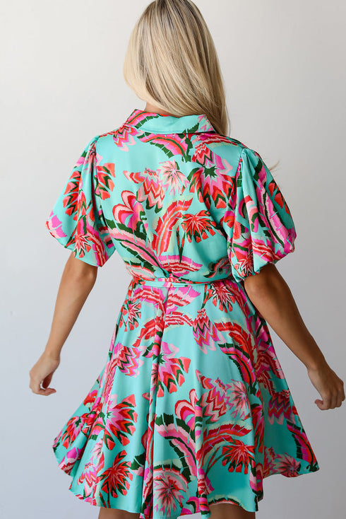 Abstract Lace-up High Waist Buttoned Mini Dress